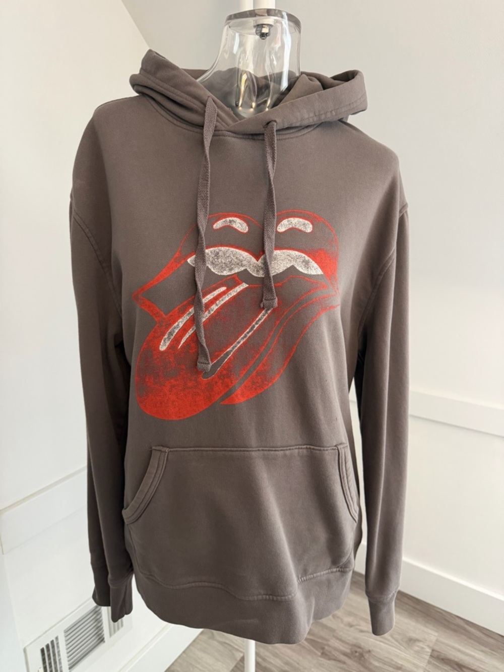 Lucky Brand Grey Hoodie With Rolling Stones Logo on Front and Back Graphic.
